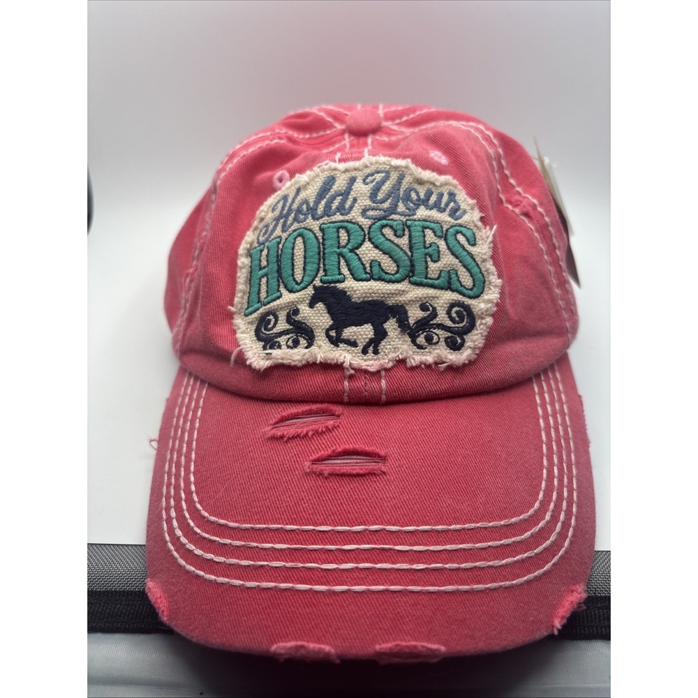 Hold Your Horses Embroidered Vintage Look Distressed Cap Pink Hat Hook & Loop